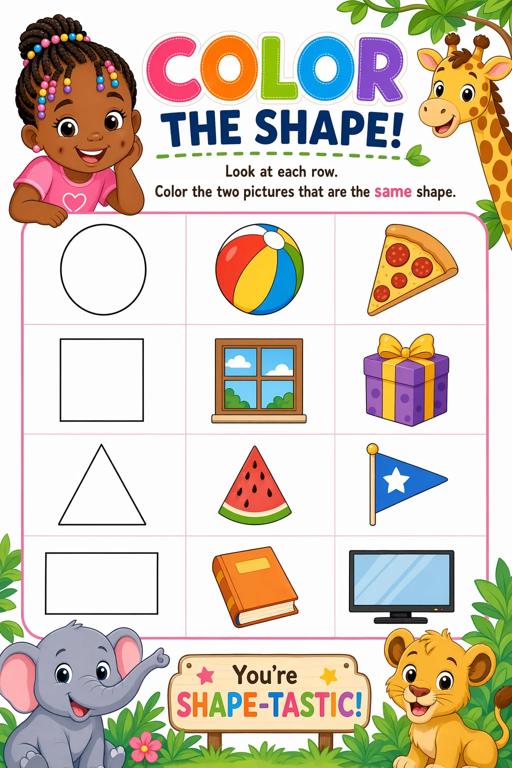 Shapes Worksheet — zoo animals — free Kindergarten worksheet