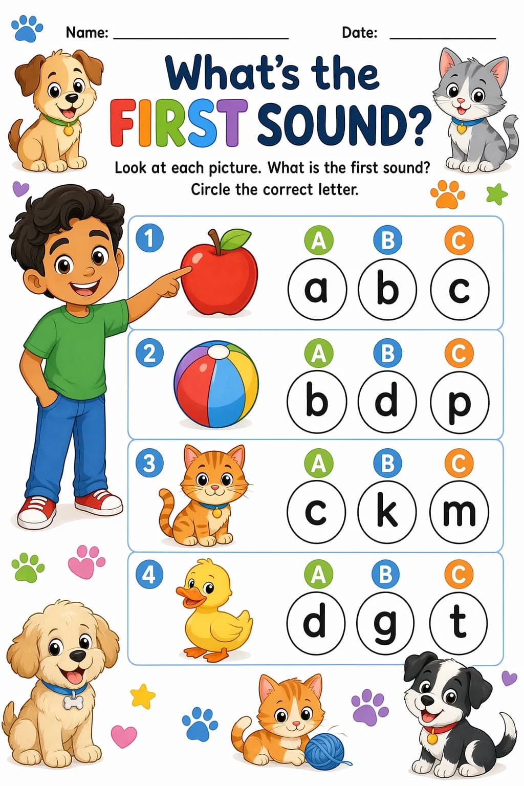 Letter Sounds Worksheet — pets — free Kindergarten worksheet