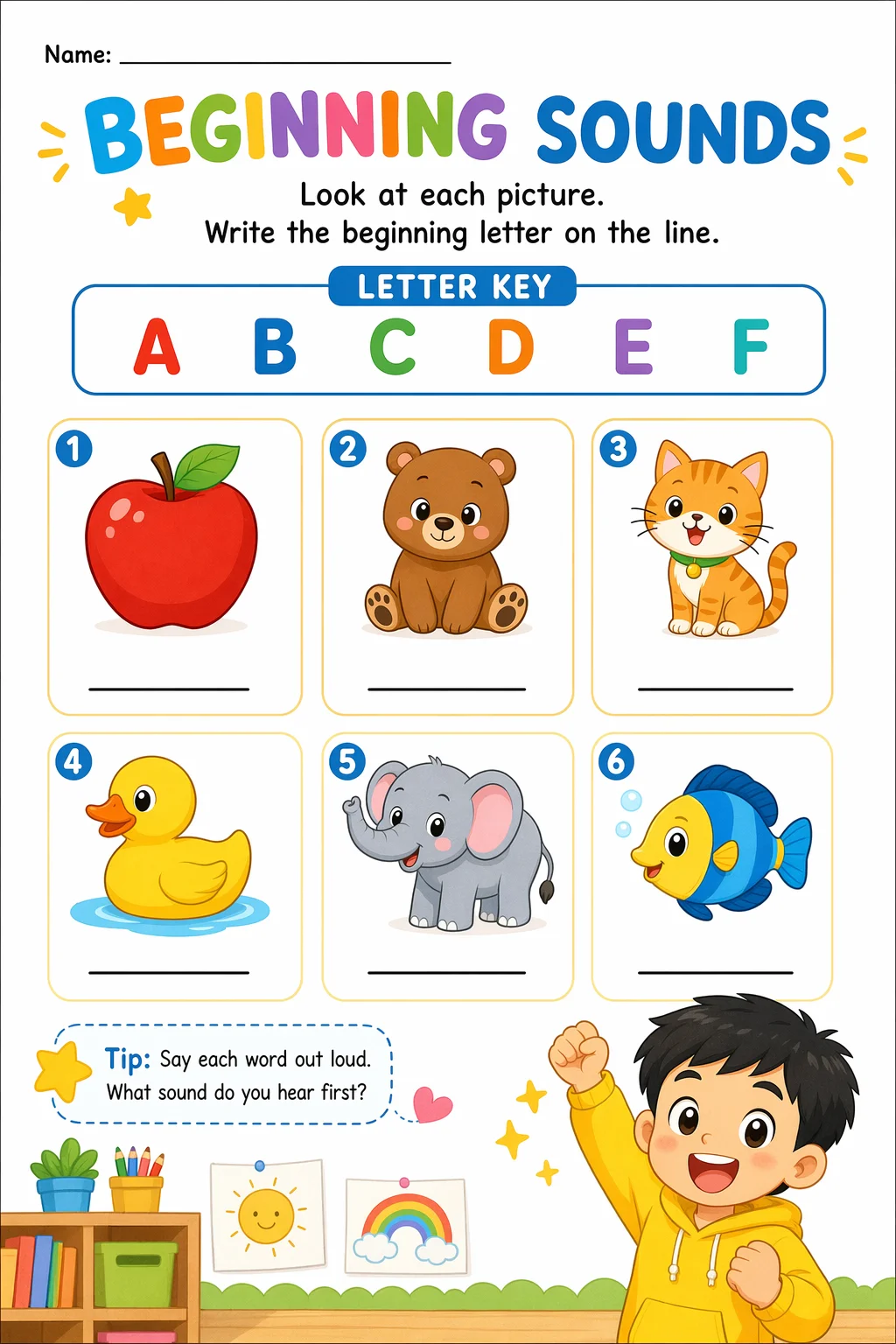 Letter Sounds Worksheet — school room — free Kindergarten worksheet
