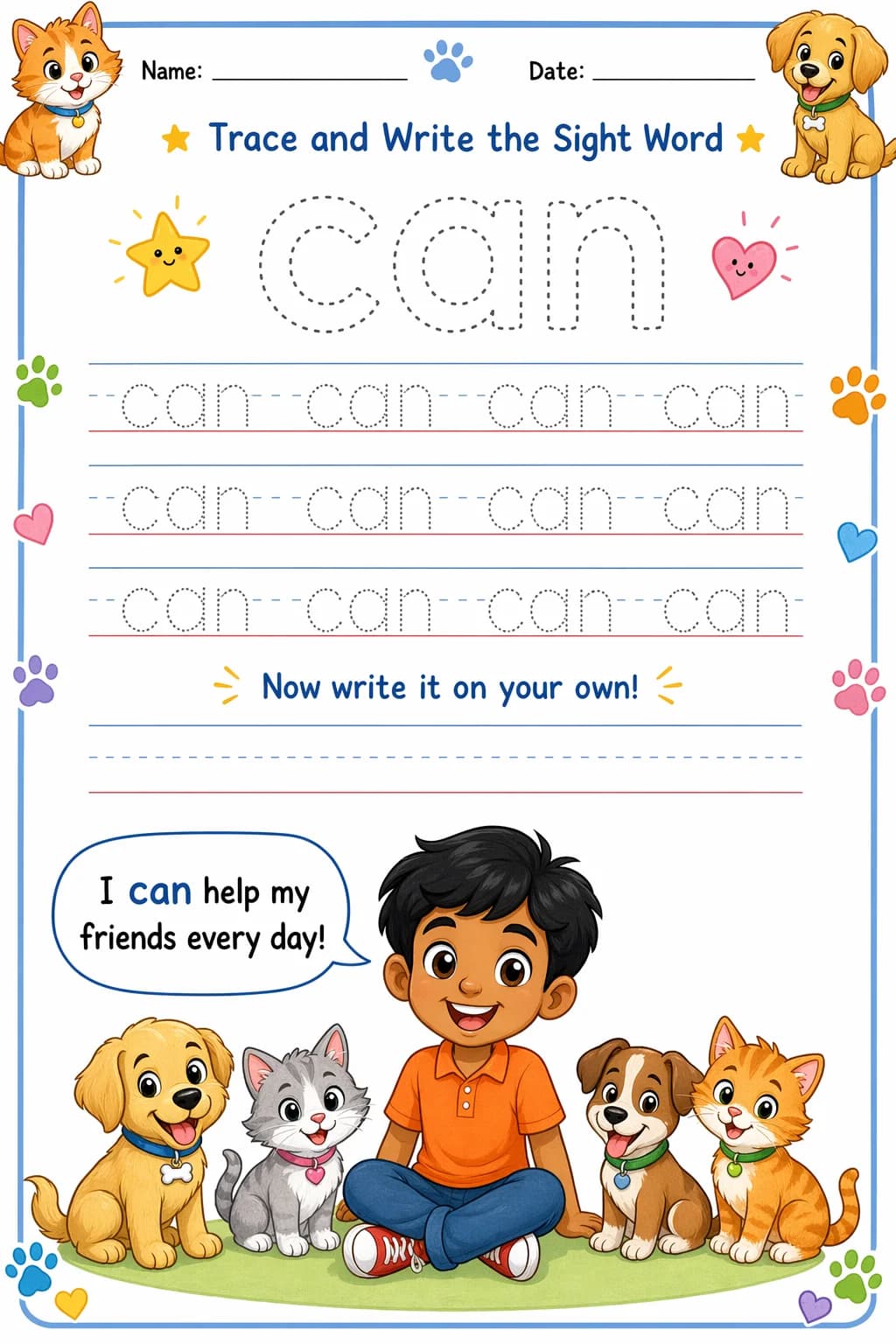 Sight Words Worksheet — pets — free Kindergarten worksheet
