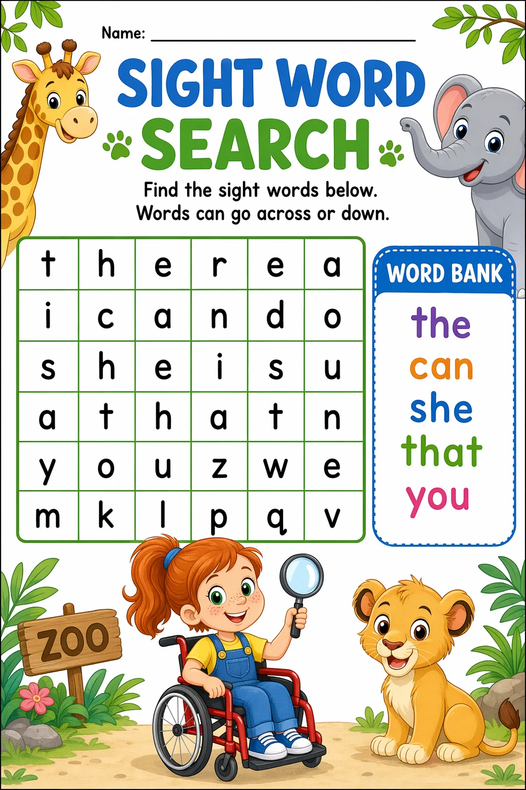 Sight Words Worksheet — zoo animals — free Kindergarten worksheet