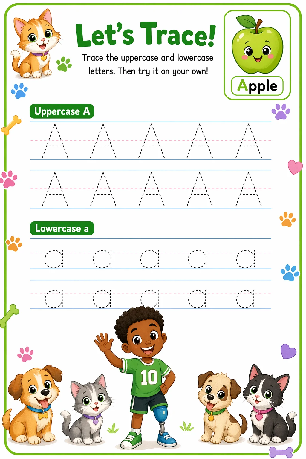 Letter Tracing Worksheet — pets — free Kindergarten worksheet