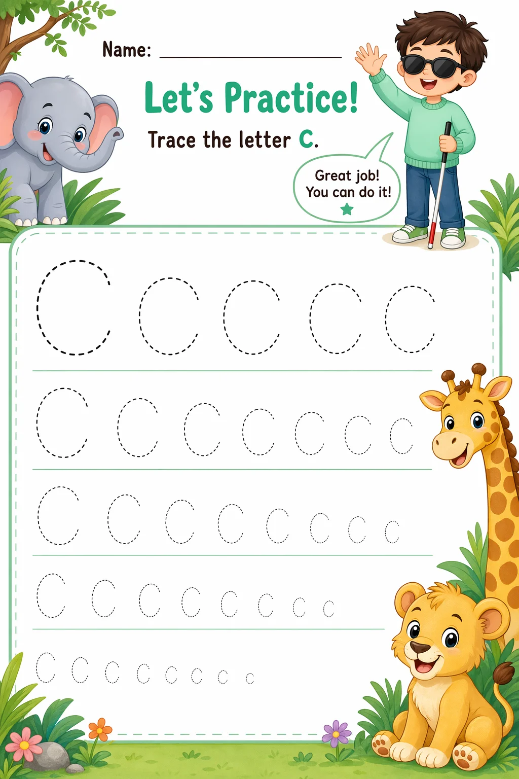 Letter Tracing Worksheet — zoo animals — free Kindergarten worksheet