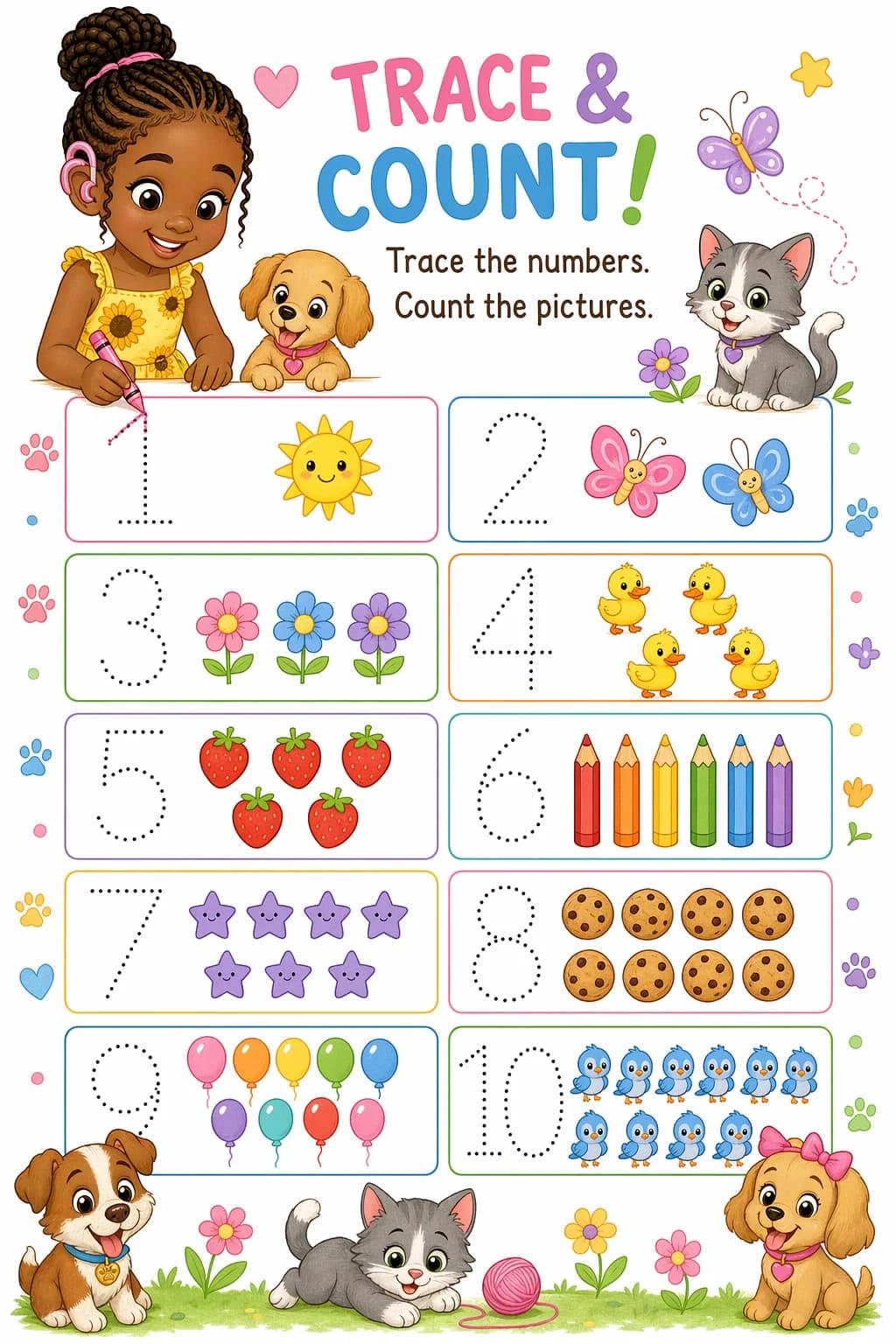 Counting Worksheet — pets — free PreK worksheet