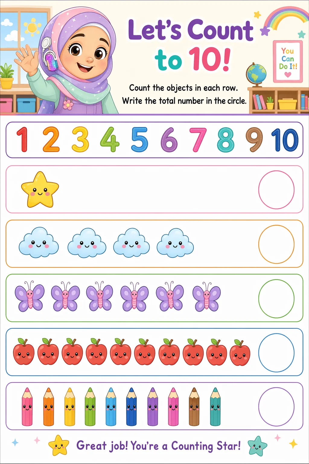 Counting Worksheet — school room — free PreK worksheet
