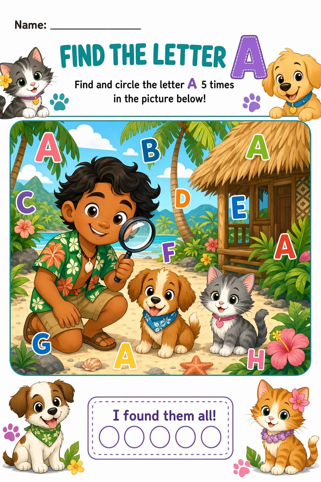 Letter Recognition Worksheet — pets — free PreK worksheet