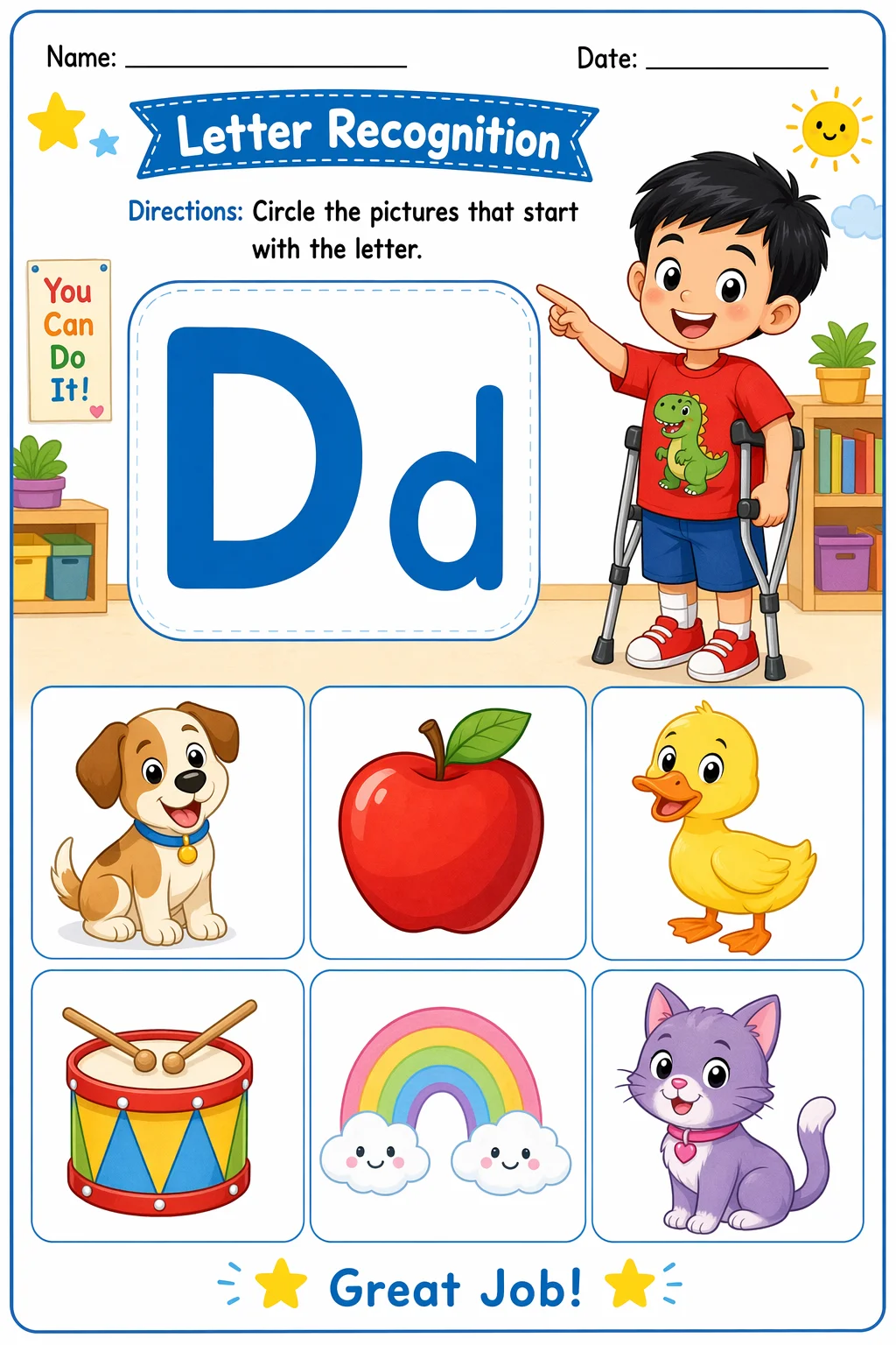 Letter Recognition Worksheet — school room — free PreK worksheet